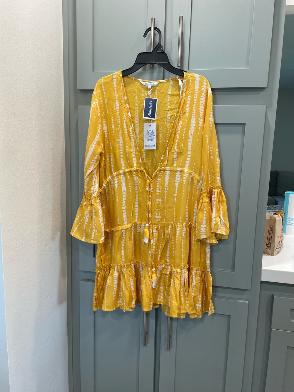 blue island Yellow Tie-Dye V-Neck Tiered Tunic